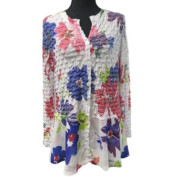 CUBISM Blouse Button Up Floral On White Long Sleeve Ruched - Picture 2 of 10